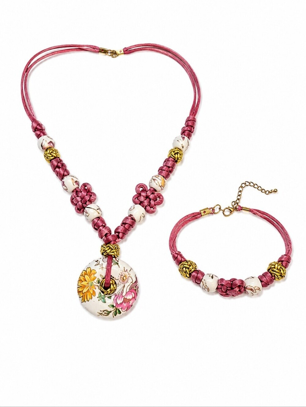 Vintage 1980s Floral Silk Chinese Knot Beaded Necklace Bracelet Set